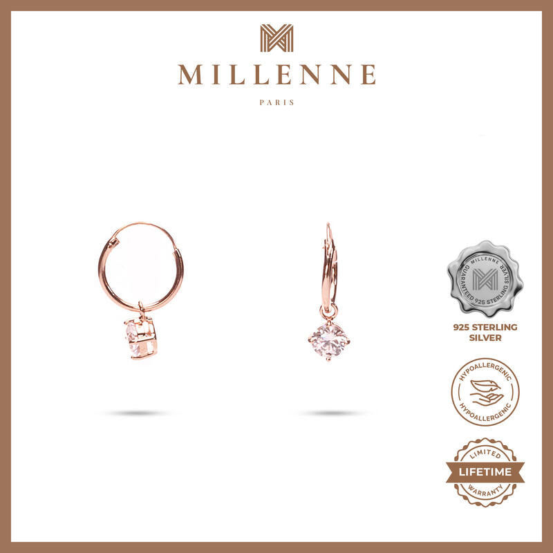 MILLENNE Minimal Square Dangling On Cubic Zirconia Rose Gold Hoop Earrings with 925 Sterling Silver