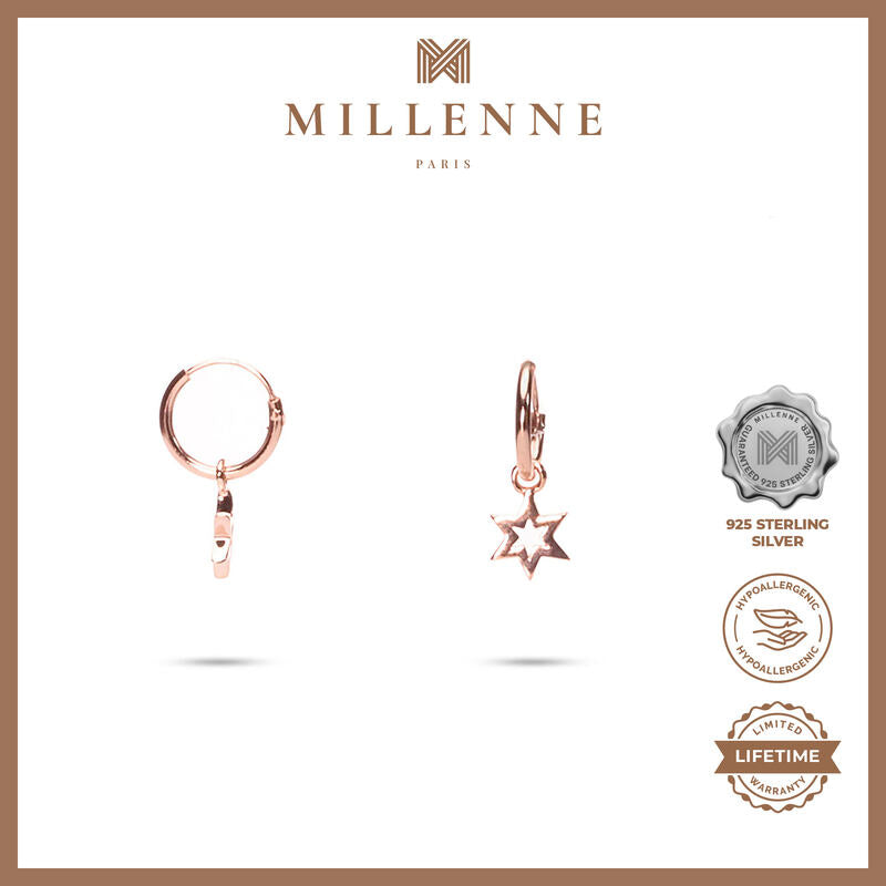 MILLENNE Match The Stars Twinkle Star Hoop Rose Gold Hoop Earrings with 925 Sterling Silver