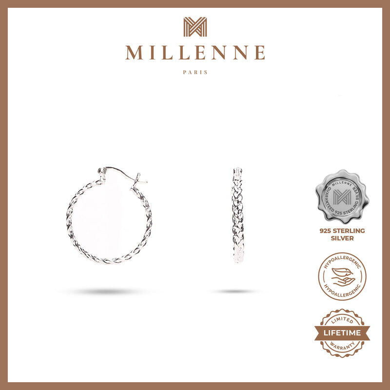 MILLENNE Minimal Braided Silver Hoop Earrings with 925 Sterling Silver