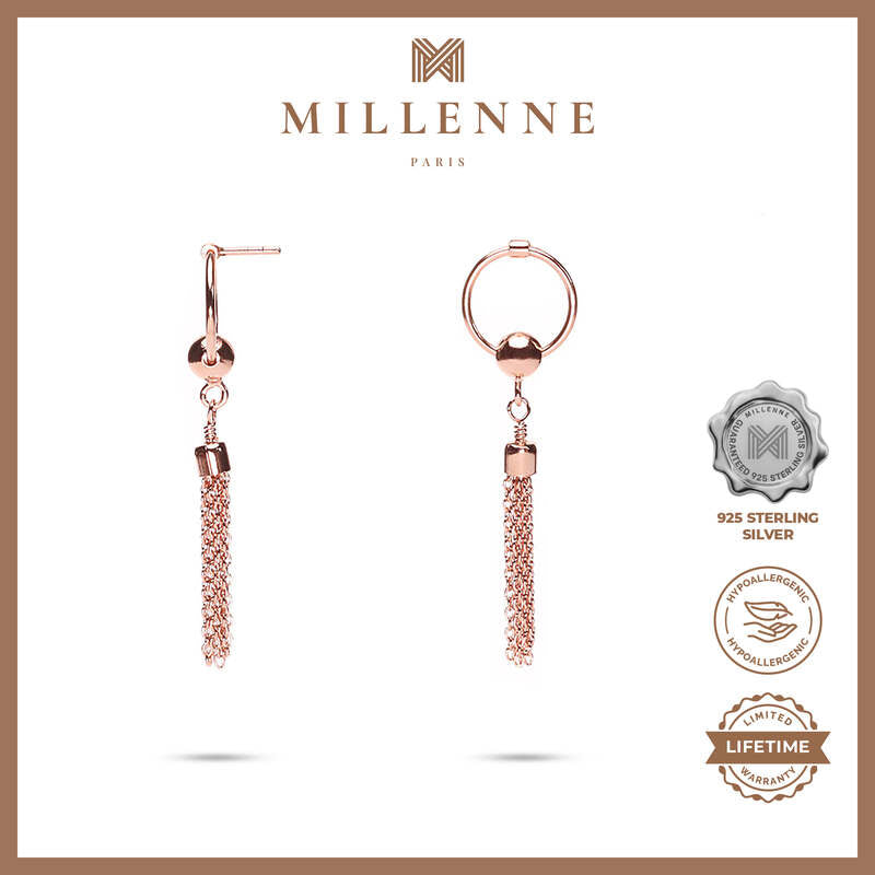 MILLENNE Millennia 2000 Tassel Chains Stud Rose Gold Drop Earrings with 925 Sterling Silver