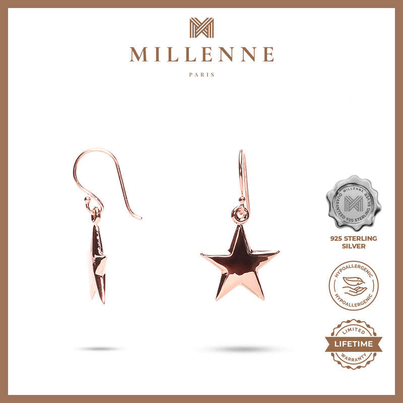 MILLENNE Match The Stars Twinkling Star Dangle Rose Gold Hook Earrings with 925 Sterling Silver