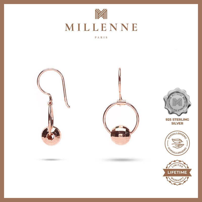 MILLENNE Minimal Faceted Ball Open Circle Rose Gold Hook Earrings with 925 Sterling Silver