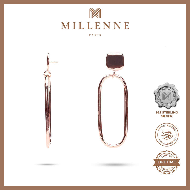 MILLENNE Minimal Square Studs Open Oval Rose Gold Drop Earrings with 925 Sterling Silver
