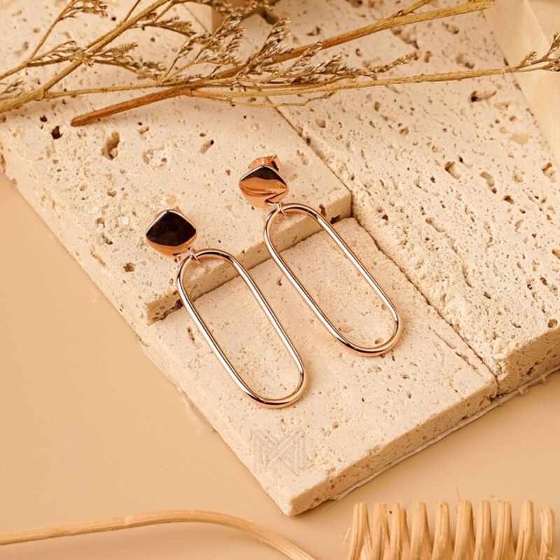 MILLENNE Minimal Square Studs Open Oval Rose Gold Drop Earrings with 925 Sterling Silver