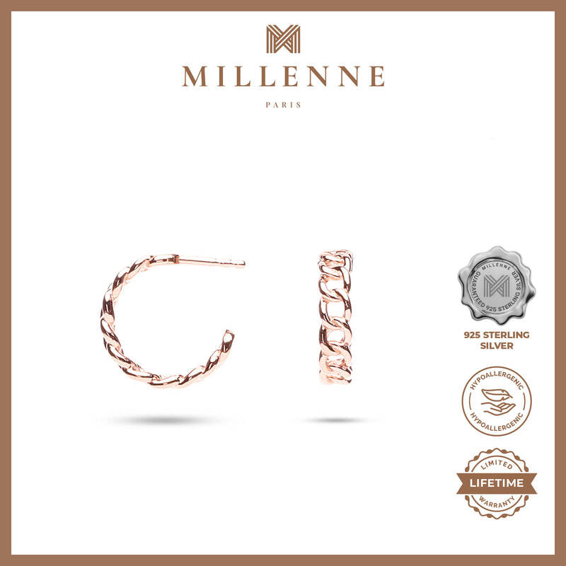 MILLENNE Millennia 2000 Rolo Cord Stud Rose Gold Hoop Earrings with 925 Sterling Silver