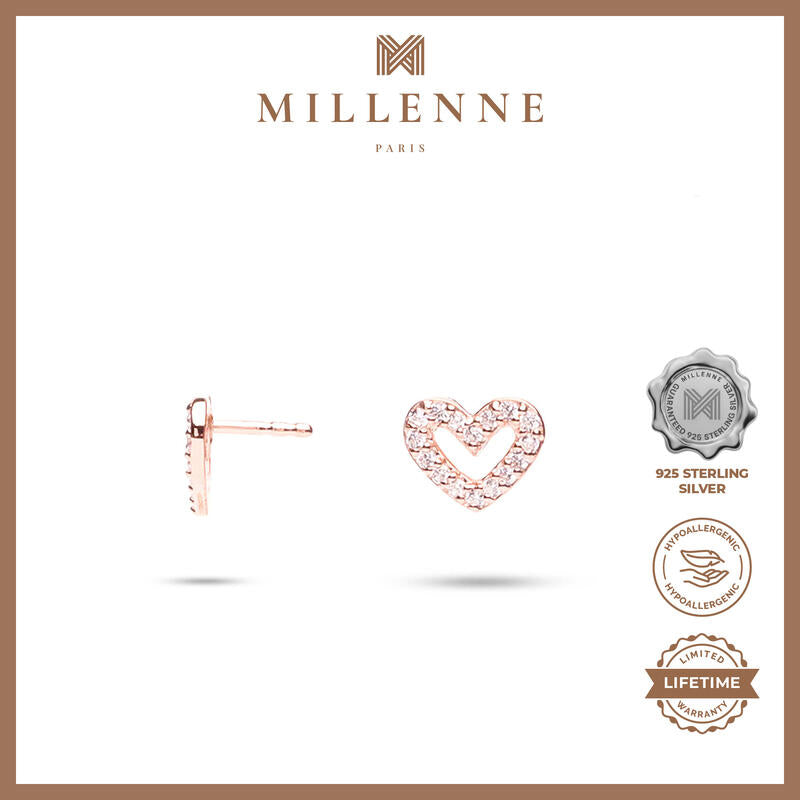 MILLENNE Millennia 2000 Open Sparkling Heart Stud Cubic Zirconia Rose Gold Stud Earrings with 925 Sterling Silver