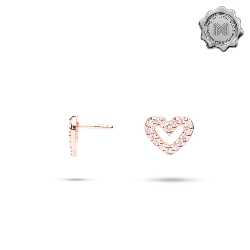 MILLENNE Millennia 2000 Open Sparkling Heart Stud Cubic Zirconia Rose Gold Stud Earrings with 925 Sterling Silver