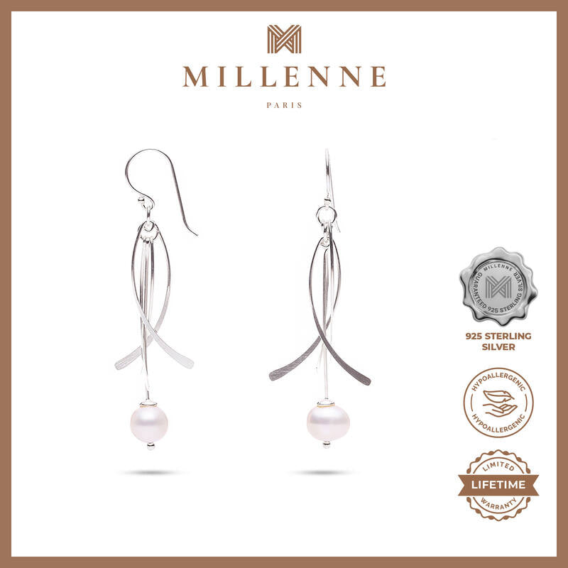 MILLENNE Millennia 2000 Freshwater Pearls Beaded Silver Dangle Earrings with 925 Sterling Silver