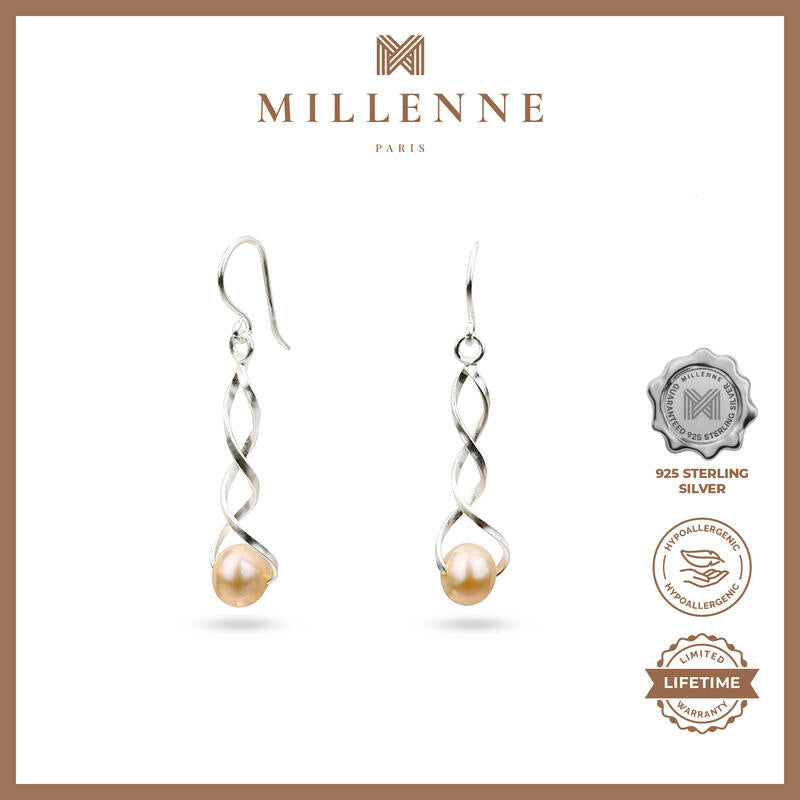 MILLENNE Millennia 2000 Freshwater Pearls Twist Hook Silver Dangle Earrings with 925 Sterling Silver