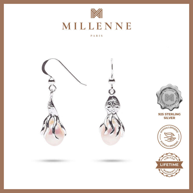 MILLENNE Millennia 2000 Freshwater Pearls Octopus Hook Silver Dangle Earrings with 925 Sterling Silver