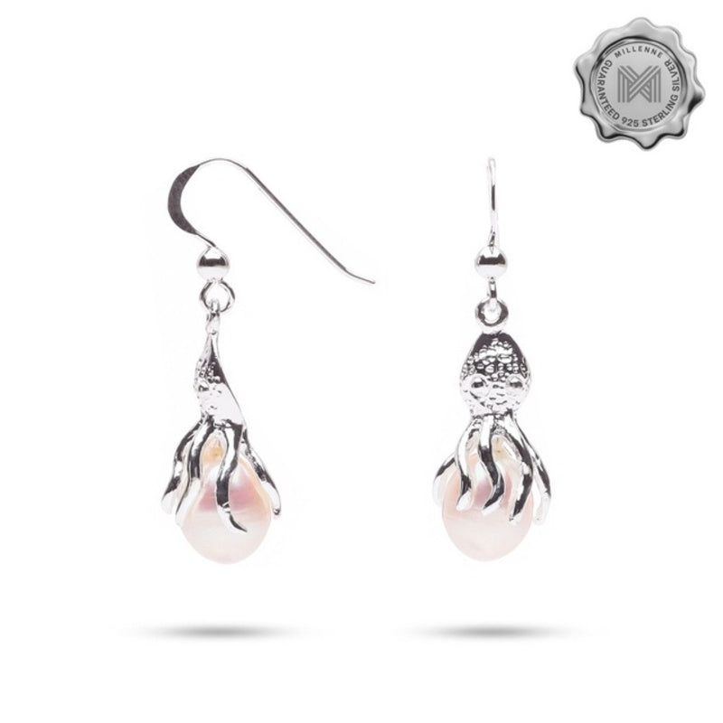 MILLENNE Millennia 2000 Freshwater Pearls Octopus Hook Silver Dangle Earrings with 925 Sterling Silver