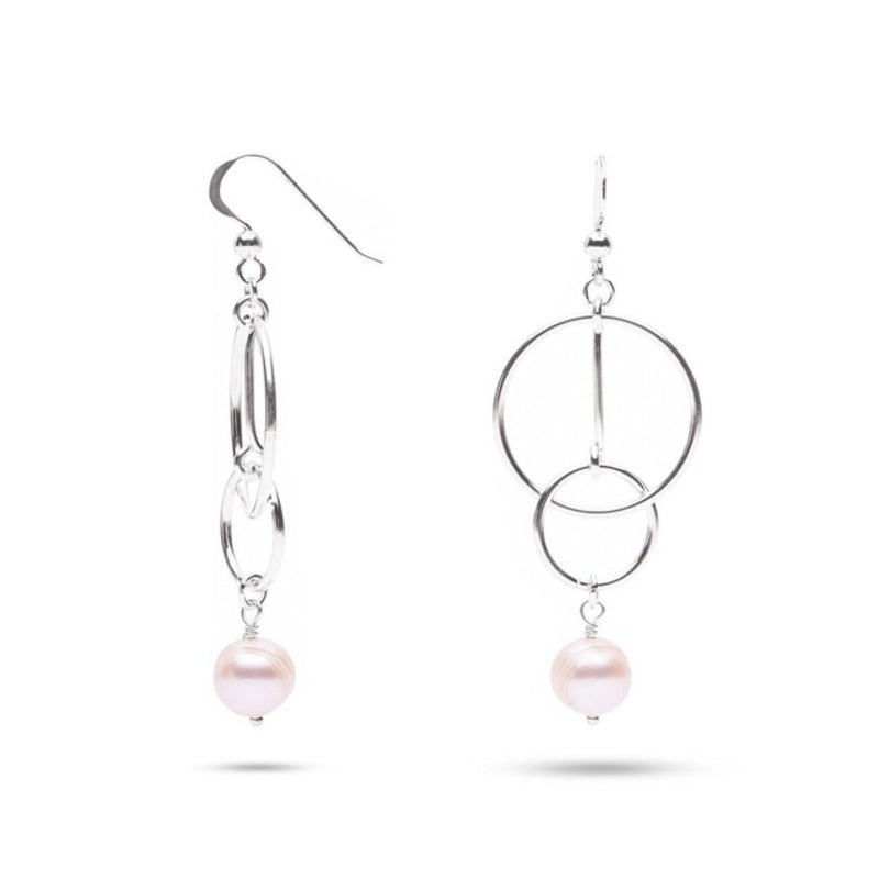 MILLENNE Millennia 2000 Freshwater Pearls Circle Interlock and Bar Beaded Silver Dangle Earrings with 925 Sterling Silver