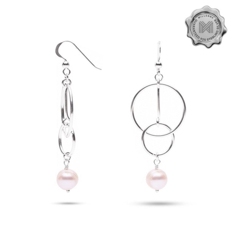 MILLENNE Millennia 2000 Freshwater Pearls Circle Interlock and Bar Beaded Silver Dangle Earrings with 925 Sterling Silver