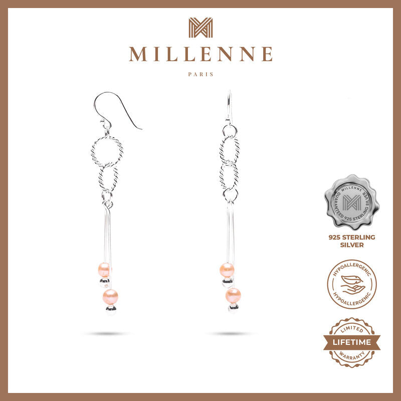 MILLENNE Millennia 2000 Freshwater Pearls Links Hook and Beaded Silver Dangle Earrings with 925 Sterling Silver