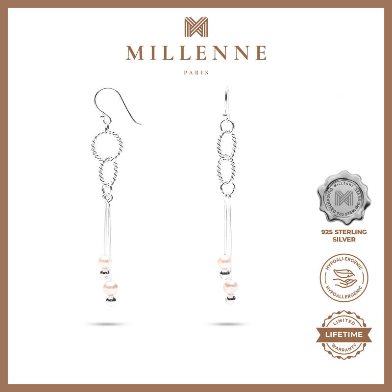 MILLENNE Millennia 2000 Freshwater Pearls Dual Circles and Beaded Silver Dangle Earrings with 925 Sterling Silver