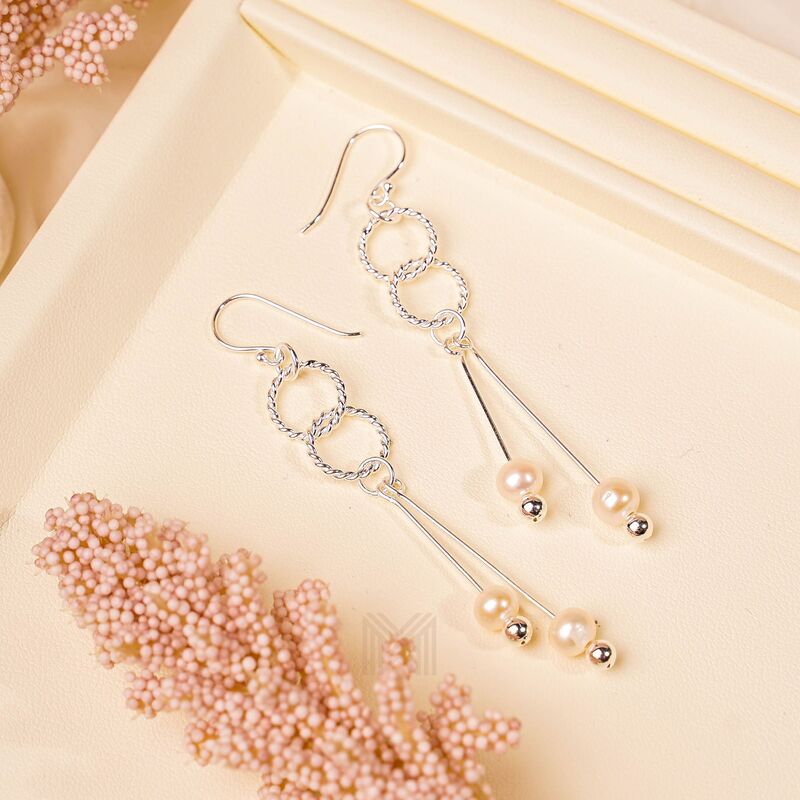 MILLENNE Millennia 2000 Freshwater Pearls Dual Circles and Beaded Silver Dangle Earrings with 925 Sterling Silver