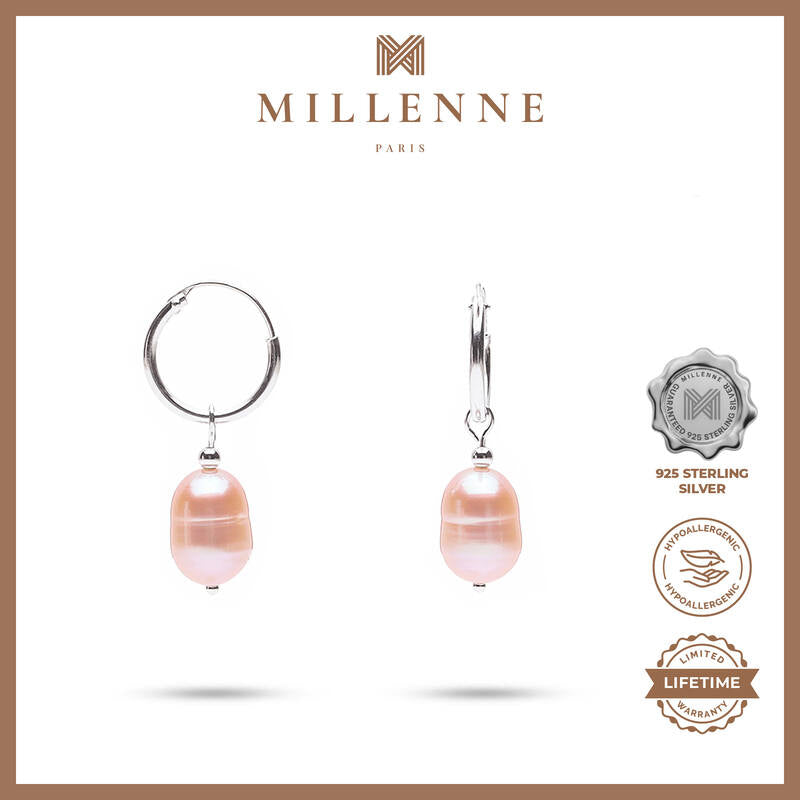 MILLENNE Minimal Freshwater Pearls Silver Beaded with Silver Hoop Earrings with 925 Sterling Silver