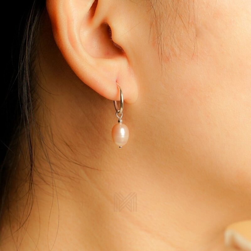 MILLENNE Minimal Freshwater Pearls Silver Beaded with Silver Hoop Earrings with 925 Sterling Silver