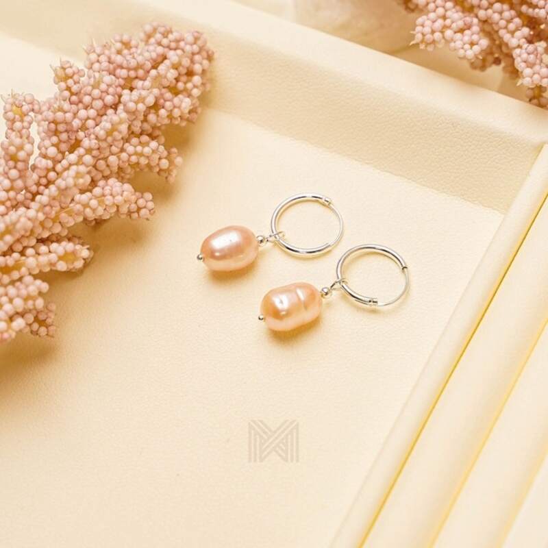 MILLENNE Minimal Freshwater Pearls Silver Beaded with Silver Hoop Earrings with 925 Sterling Silver