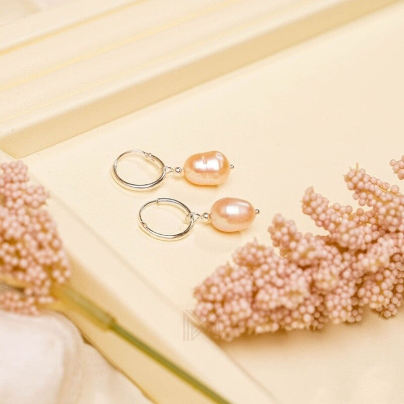 MILLENNE Minimal Freshwater Pearls Silver Beaded with Silver Hoop Earrings with 925 Sterling Silver