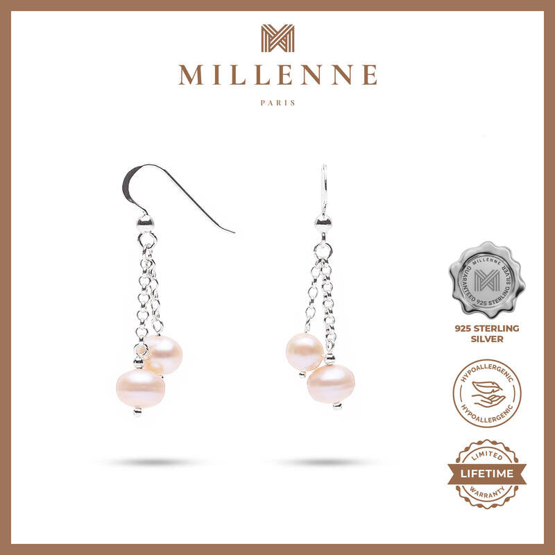 MILLENNE Millennia 2000 Freshwater Pearls Double Beaded Silver Dangle Earrings with 925 Sterling Silver