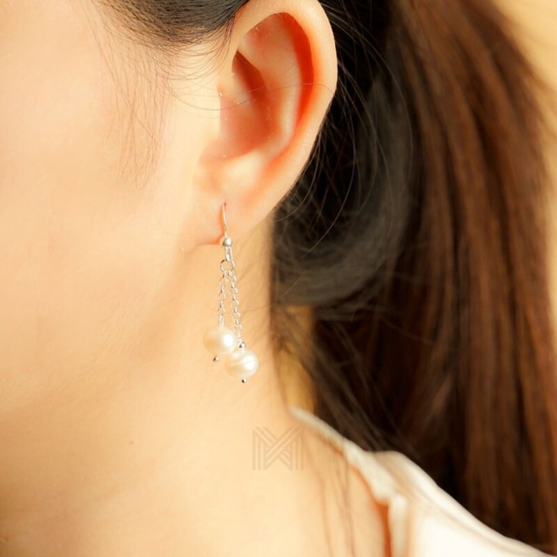 MILLENNE Millennia 2000 Freshwater Pearls Double Beaded Silver Dangle Earrings with 925 Sterling Silver