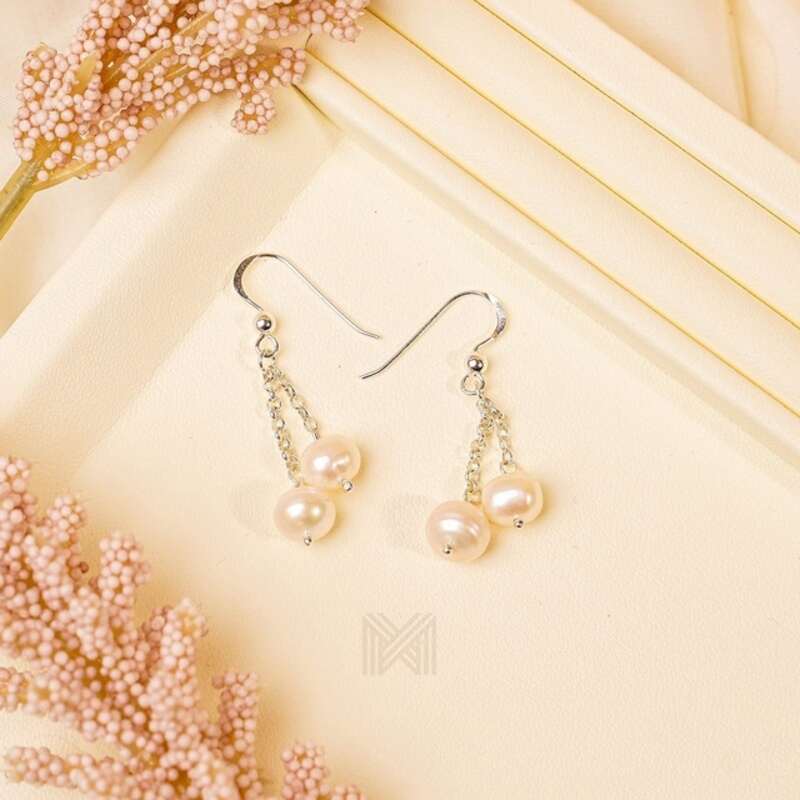 MILLENNE Millennia 2000 Freshwater Pearls Double Beaded Silver Dangle Earrings with 925 Sterling Silver