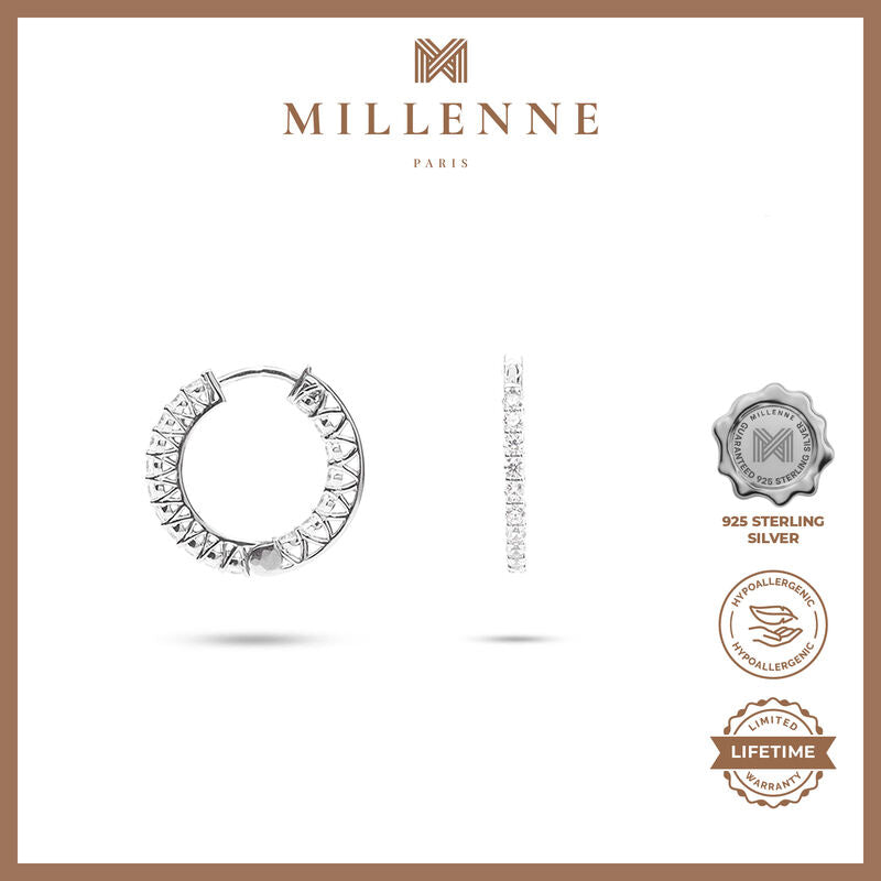 MILLENNE Made For The Night Flat Sun Cubic Zirconia Rhodium Hoop Earrings with 925 Sterling Silver