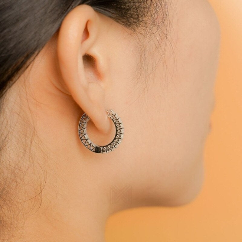 MILLENNE Made For The Night Flat Sun Cubic Zirconia Rhodium Hoop Earrings with 925 Sterling Silver