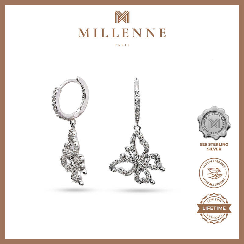 MILLENNE Millennia 2000 Cubic Zirconia Butterfly Danglers Rhodium Hoop Earrings with 925 Sterling Silver