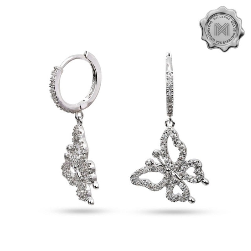 MILLENNE Millennia 2000 Cubic Zirconia Butterfly Danglers Rhodium Hoop Earrings with 925 Sterling Silver