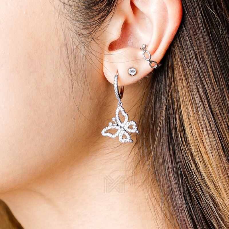 MILLENNE Millennia 2000 Cubic Zirconia Butterfly Danglers Rhodium Hoop Earrings with 925 Sterling Silver