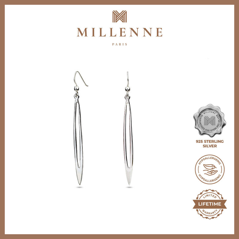MILLENNE Minimal Narrow Ovals Silver Hook Earrings with 925 Sterling Silver