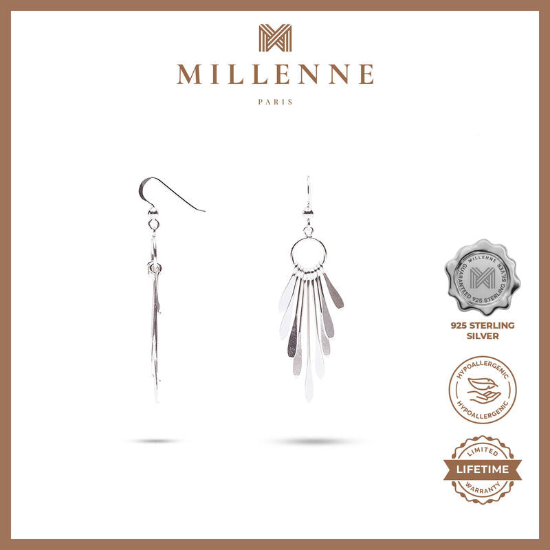 MILLENNE Millennia 2000 Feather Emulated Hook Silver Dangle Earrings with 925 Sterling Silver