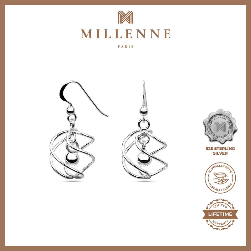 MILLENNE Millennia 2000 Intertwined Ball Hook Silver Dangle Earrings with 925 Sterling Silver
