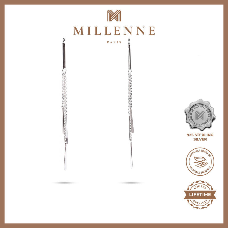 MILLENNE Minimal Thread Dangle Silver Threader Earrings with 925 Sterling Silver
