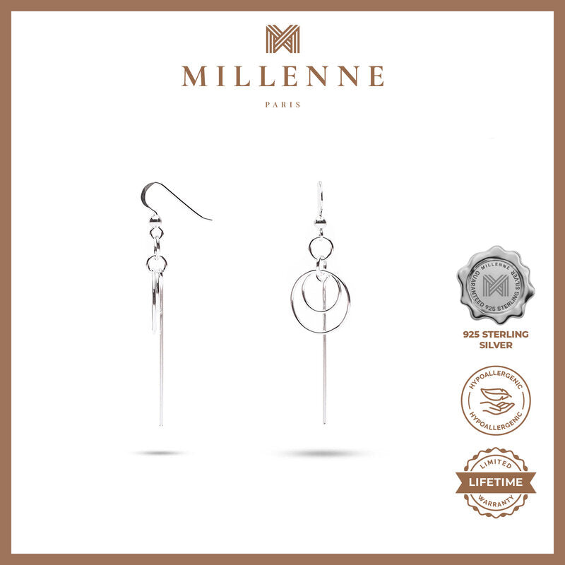 MILLENNE Millennia 2000 Circle and Bar Hook Silver Dangle Earrings with 925 Sterling Silver