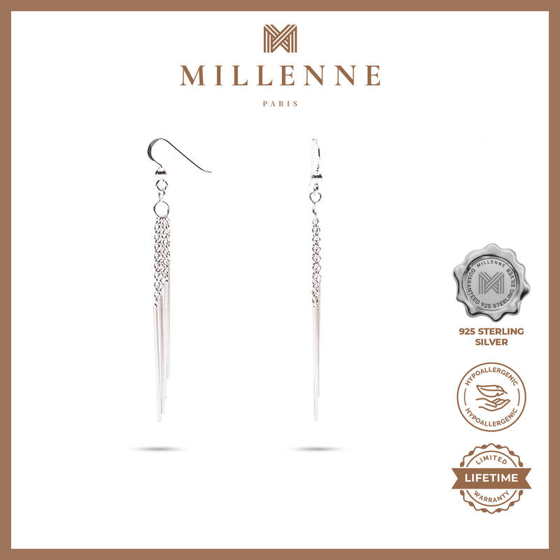 MILLENNE Millennia 2000 Dangle Bar Hook Silver Dangle Earrings with 925 Sterling Silver