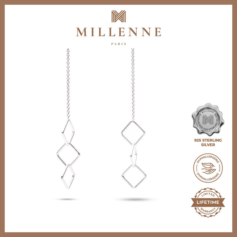 MILLENNE Millennia 2000 Interlock Rhombus Silver Threader Earrings with 925 Sterling Silver
