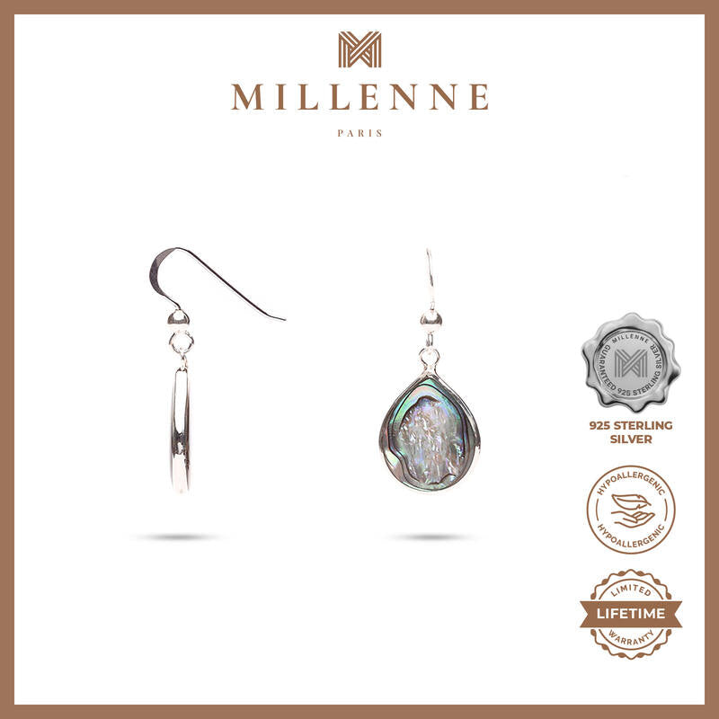 MILLENNE Multifaceted Abalone Shell Pear Shape Silver Hook Earrings with 925 Sterling Silver