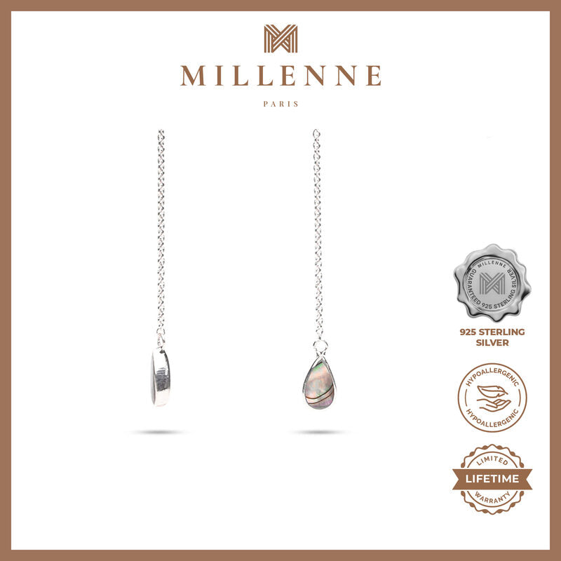 MILLENNE Minimal Abalone Shell Droplet Silver Threader Earrings with 925 Sterling Silver