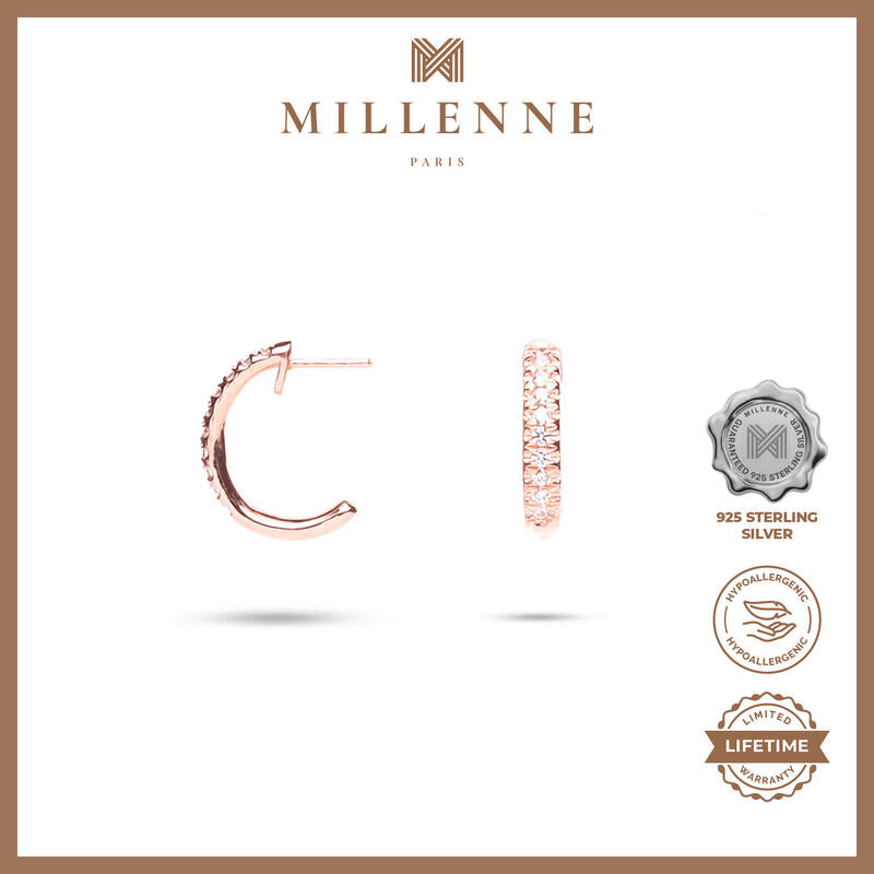 MILLENNE Made For The Night Mini Studded Half Cubic Zirconia Rose Gold Hoop Earrings with 925 Sterling Silver