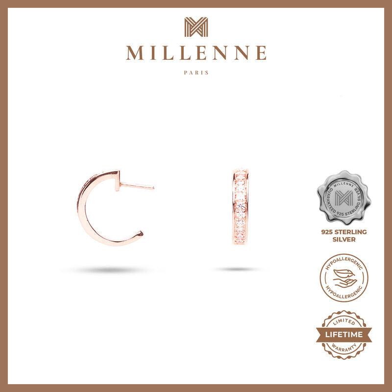 MILLENNE Made For The Night Mini Bezzeled Half Cubic Zirconia Rose Gold Hoop Earrings with 925 Sterling Silver
