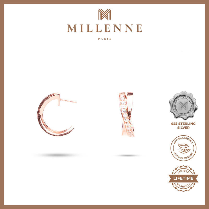 MILLENNE Made For The Night Criss-Crossed Half Cubic Zirconia Rose Gold Hoop Earrings with 925 Sterling Silver
