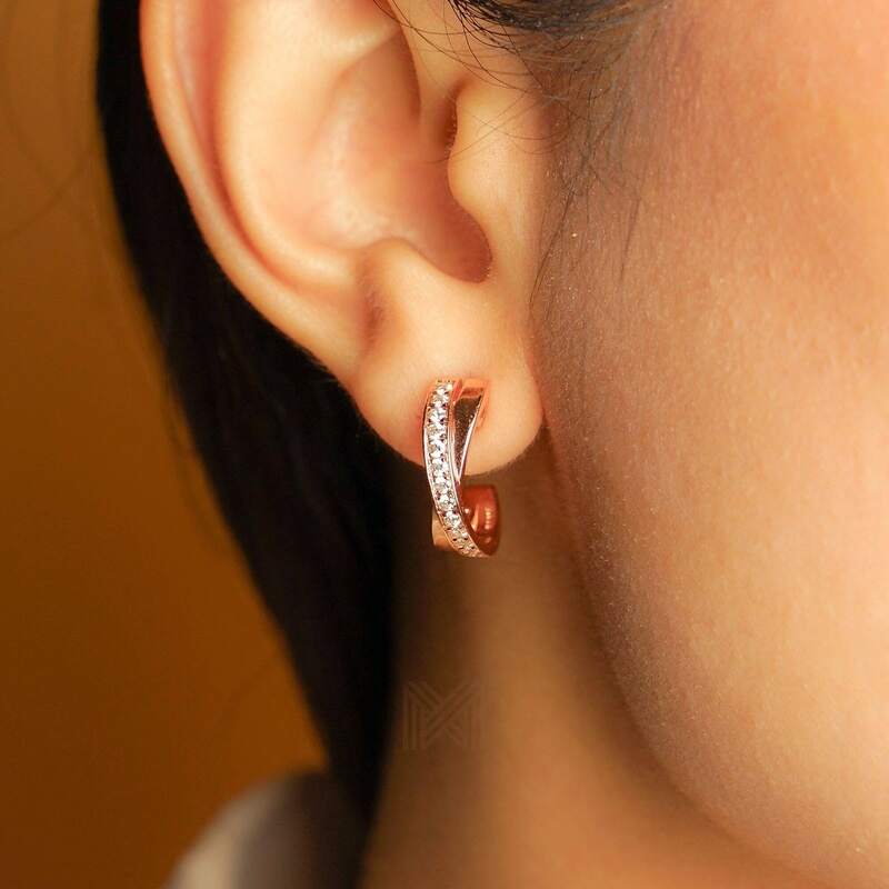 MILLENNE Made For The Night Criss-Crossed Half Cubic Zirconia Rose Gold Hoop Earrings with 925 Sterling Silver