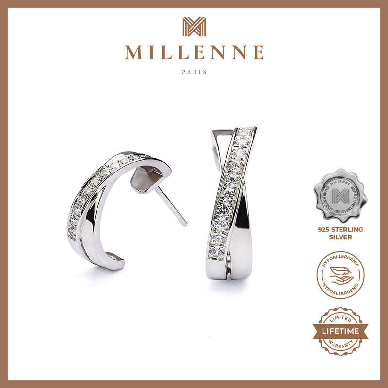 MILLENNE Made For The Night Cris-Crossed Half Cubic Zirconia White Gold Hoop Earrings with 925 Sterling Silver