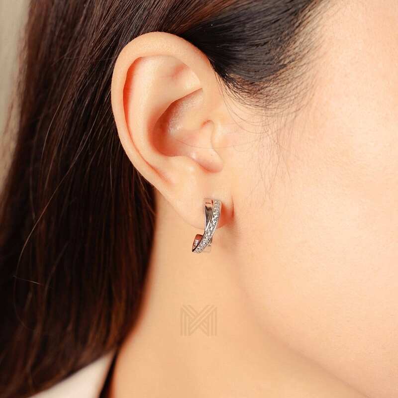 MILLENNE Made For The Night Cris-Crossed Half Cubic Zirconia White Gold Hoop Earrings with 925 Sterling Silver