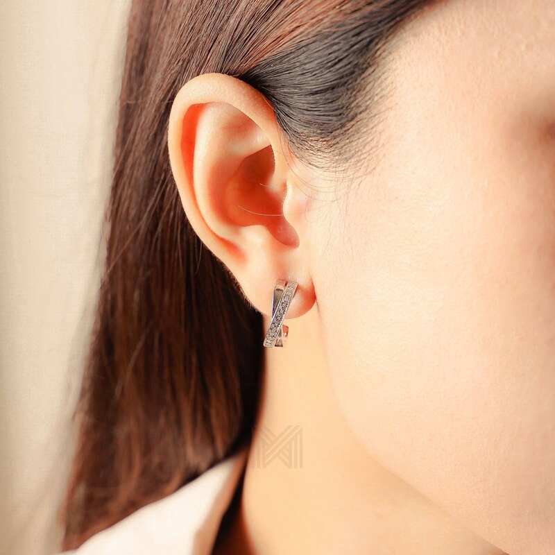 MILLENNE Made For The Night Cris-Crossed Half Cubic Zirconia White Gold Hoop Earrings with 925 Sterling Silver