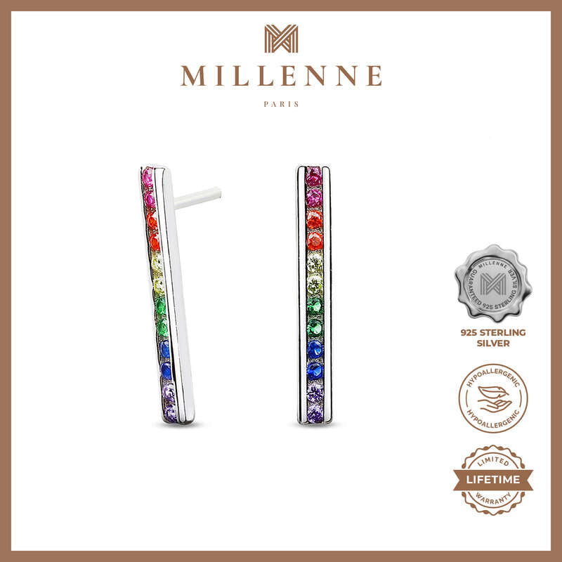 MILLENNE Multifaceted Rainbow Bar Studded Cubic Zirconia White Gold Drop Earrings with 925 Sterling Silver