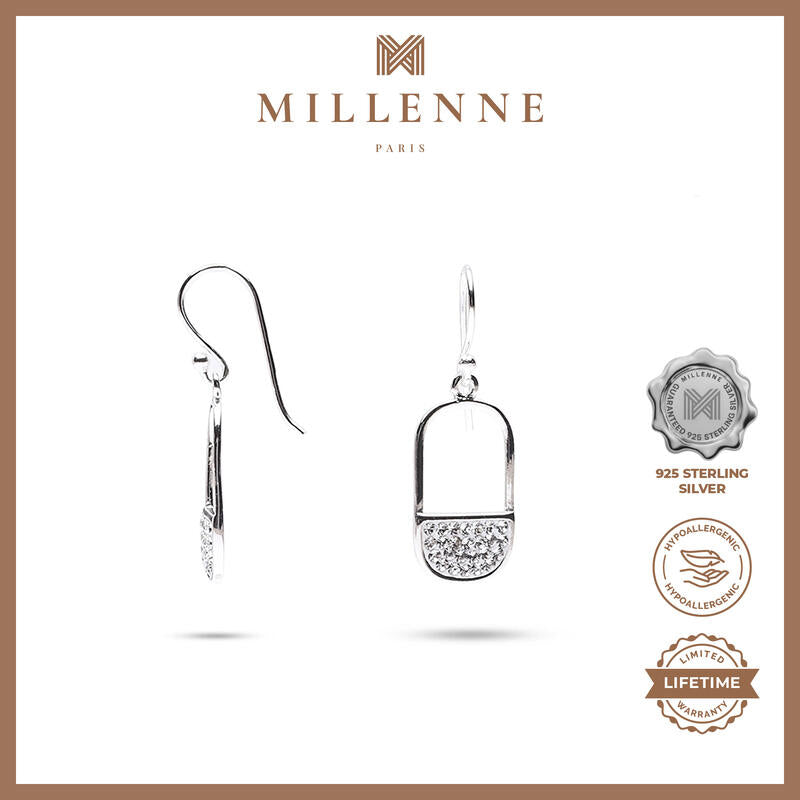 MILLENNE Millennia 2000 Half Elongated Oval Studded Cubic Zirconia White Gold Hook Earrings with 925 Sterling Silver